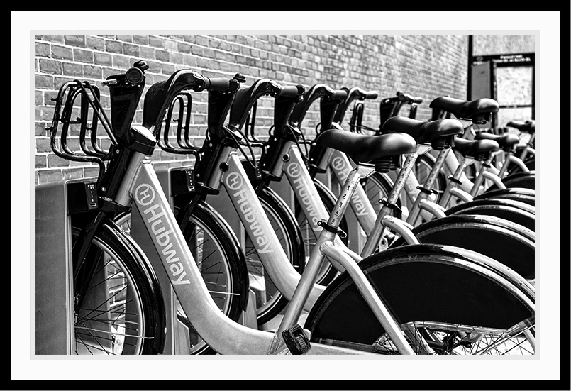 The repetition of bikes for rent.